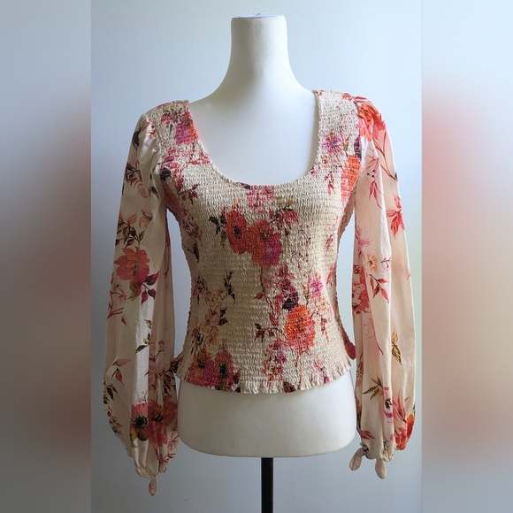 Anthropologie Tops - Anthropologie Floral Smocked Blouse with Back Cutouts and Balloon Sleeves Size S